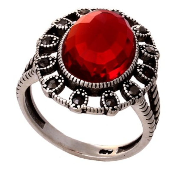 Sterling Silver Faceted Large Cab Marcasite Ring